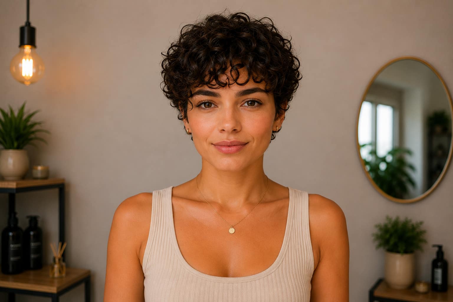 Curly Pixie, vista frente como referencia visual